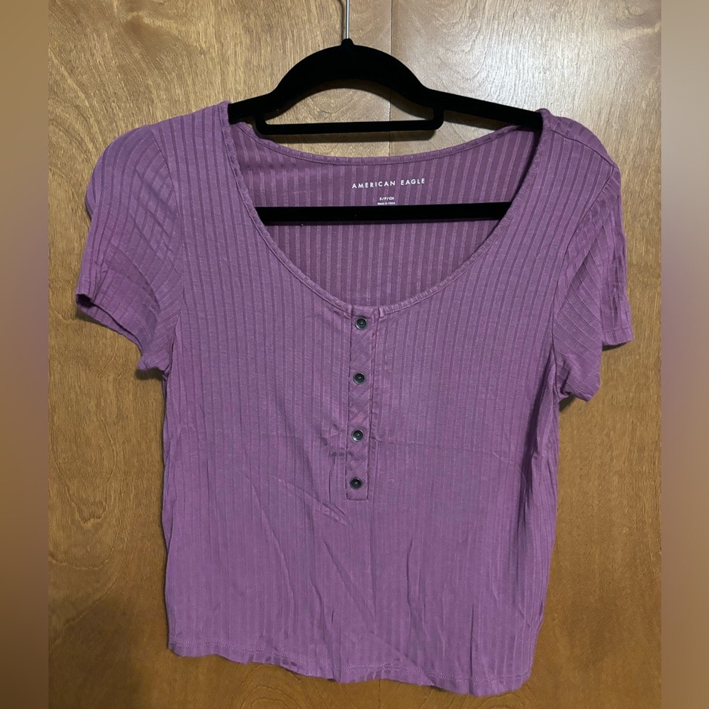 American Eagle Purple Ribbed Cropped Henley Top
